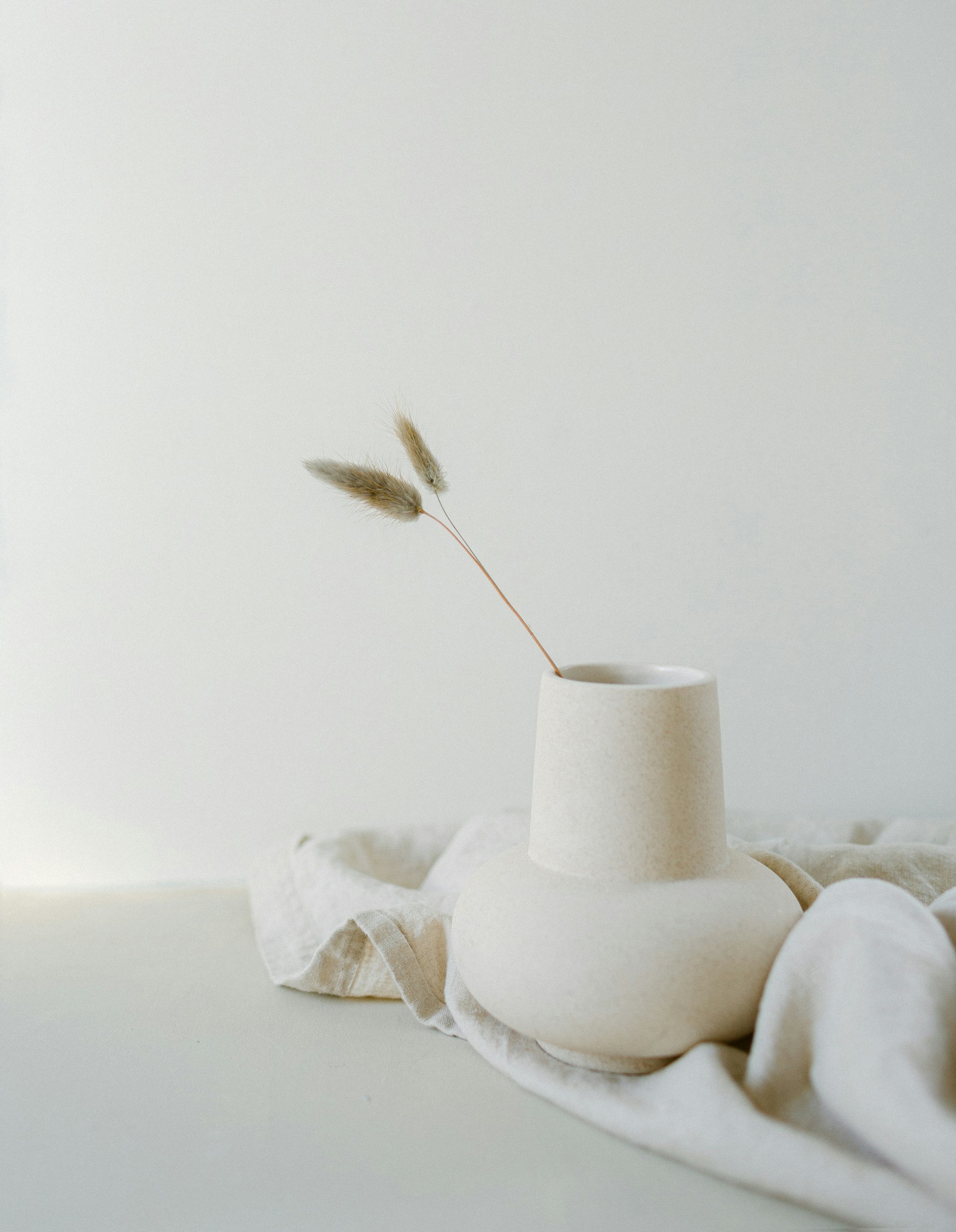 Cream stoneware vase holding two dried grass stems, resting on washed linen