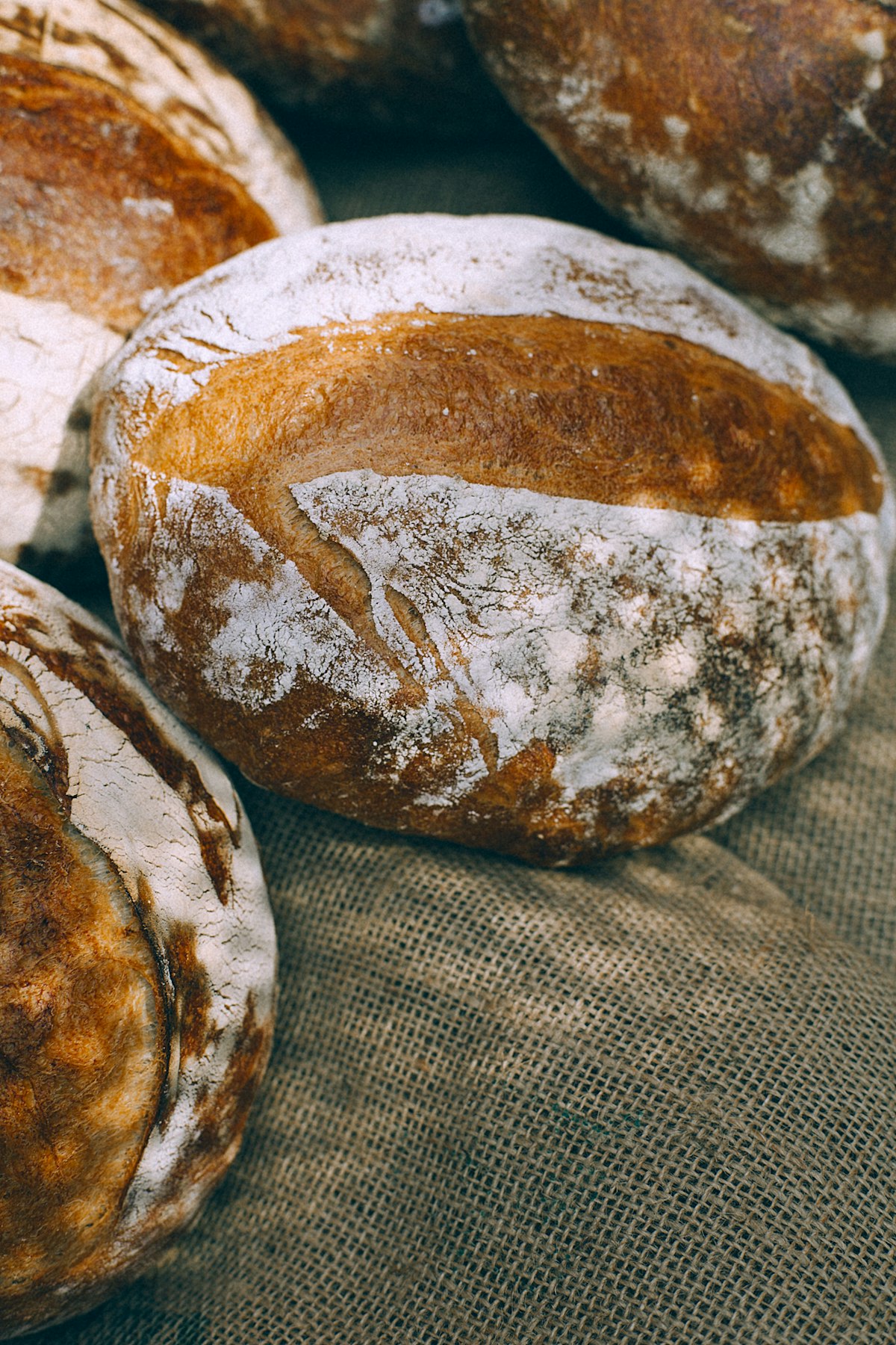 Flour-dusted sourdough loaves cooling on hessian cloth